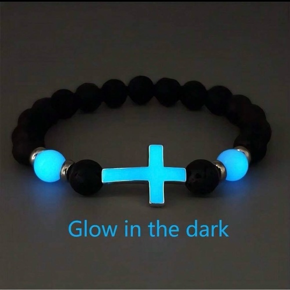 Glow in the Dark Blue Cross and Black Volcanic Stone Bracelet - Picture 1 of 3